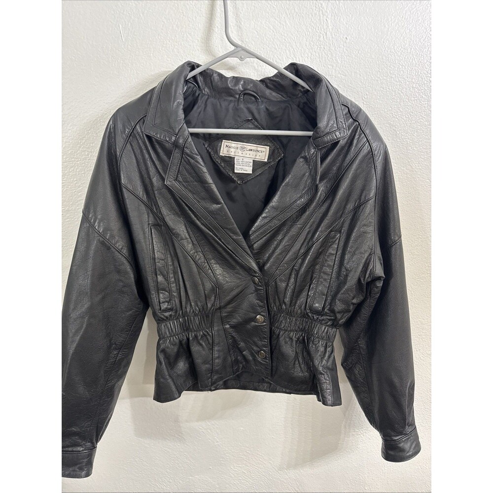 VTG Maggie Lawrence Black Leather Motorcycle Jacket Snap Lined Cinch Waist S